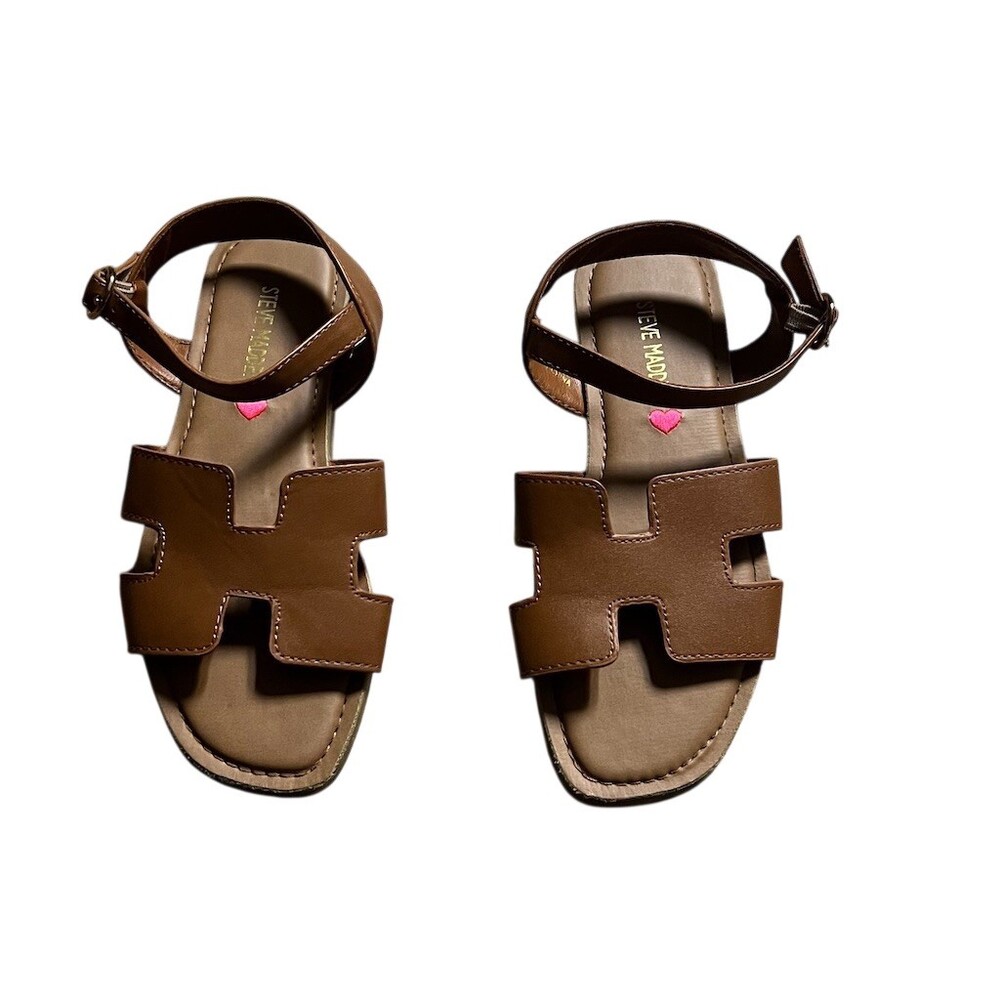 Steve Madden Haydin Girls Brown H-Strap Ankle Buckle Flat Sandals